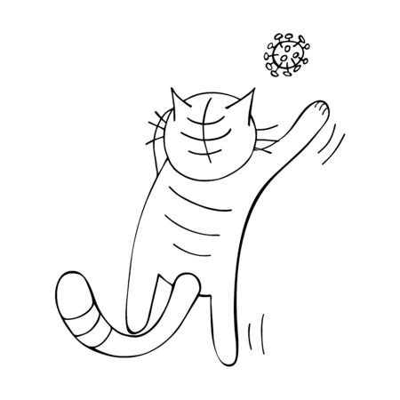 Cute cat is catching toy in form coronavirus. Hand drawn picture. Black contour on white background.のイラスト素材