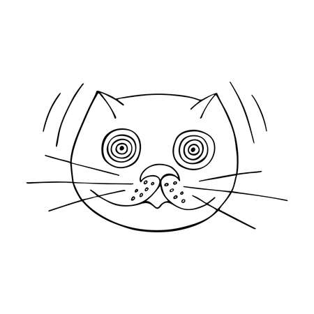 Crazy cat. Funny trendy doodle illustration. Black contour on white background as a print, sticker, card, poster, sign, tatooのイラスト素材
