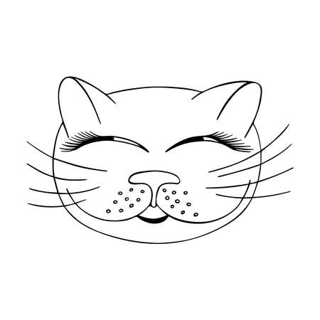 Kitty coquette. Funny trendy doodle illustration. Black contour on white background as a print, sticker, card, poster, sign, tatoo.のイラスト素材