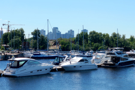 Boat mooring in the river port. Docked boat.の写真素材
