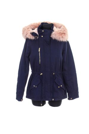 blue parka jacket with fur on a hood isolated on white background. warm parka jacket with fur liningの写真素材