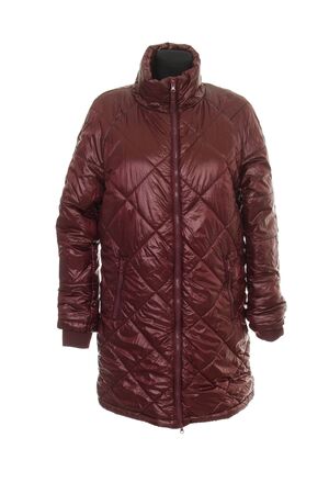 long warm quilted sintepon coat, isolated on white background.burgundy long warm jacketの写真素材