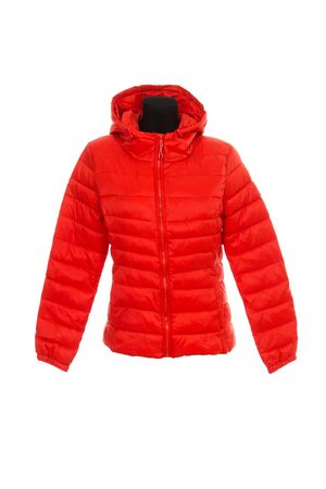 Red quilted jacket on a white background.の写真素材