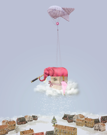 Elephant on a cloud with a telescope. Winter landscape. Christmas illustrationの写真素材