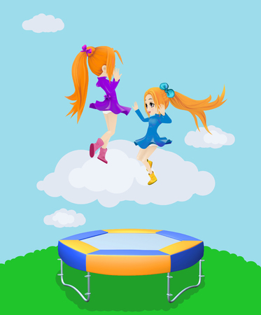 Happy girls jumping on the trampoline. Illustrationの写真素材
