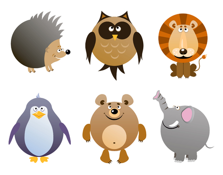 Set of vector cartoon animals - elephant, hedgehog, owl, penguin, bear, lion. Vector illustration.のイラスト素材