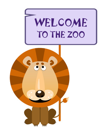 Lion holds a sign with an inscription Welcome to the zoo. Vector illustrationのイラスト素材