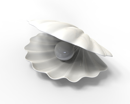 Pearl inside seashell. 3d illustration isolated on white backgroundの写真素材
