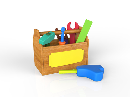 Childrens play toolkit with work tools isolated on white. 3D imageの写真素材