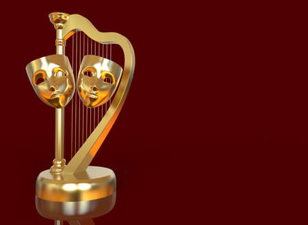 Golden theater masks, drama and comedy and harp on a red background. 3D image.の写真素材