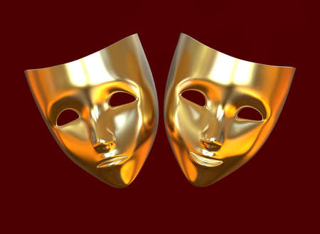Golden theater masks, drama and comedy on a red background. 3D image.