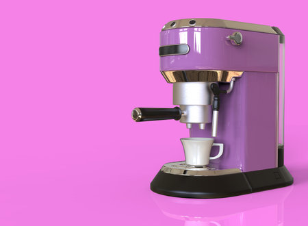 A lilac espresso coffee machine on pink background with space for text. 3D render.の写真素材
