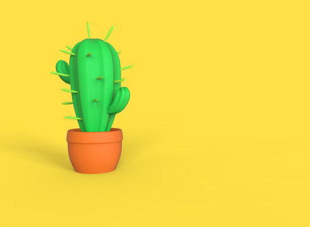 Stylized cartoon cactus isolated on yellow background. 3D illustration.の写真素材