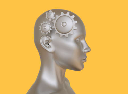 Symbolic abstract 3D image of a man with gears in his head.の写真素材