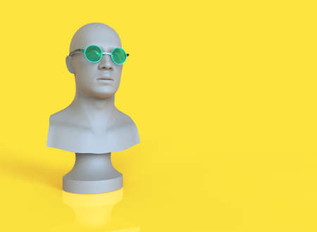 Male mannequin head with green round glasses. 3d render minimal illustrationの写真素材