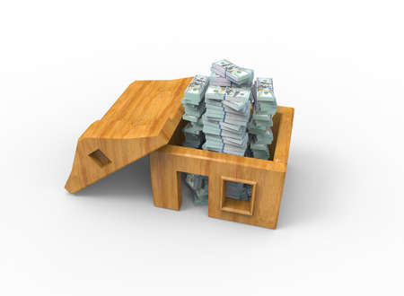 Symbolic 3D illustration. Stacks of dollar bills inside the house.の写真素材
