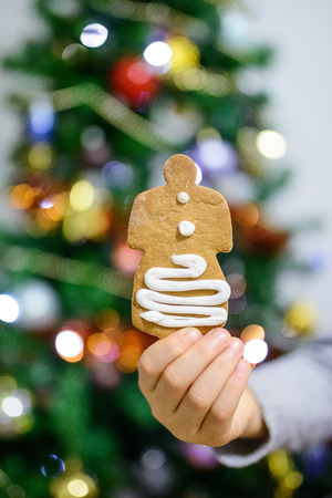 Ginger cookie in front on the Christmas tree