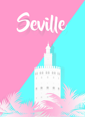 Illustration of a tower with the word seville written on pink and blue background.のイラスト素材