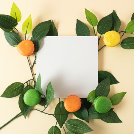 Colorful macarons and green leaves with writing space. Light yellow background.の写真素材