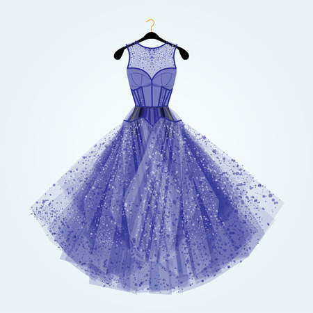 Blue dress with rhinestones. Fashion illustration. Blue dress for special event.のイラスト素材