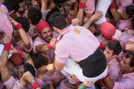 Tarragona, Spain - September 24, 2019: Castells performance during Santa Tecla's Festival by Colla...