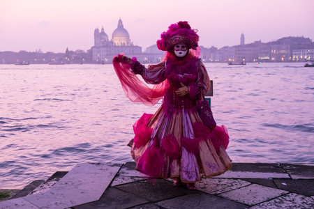 Venice, Italy - February 18, 2020: An unidentified woman in a carnival costume in front of Santa Maria della Salute, attends at the Carnival of Venice.のeditorial素材