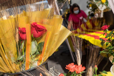 Tarragona, Spain - July 23, 2020: Roses to celebrate Sant Jordi day, the day of the book and the rose in Catalonia.のeditorial素材