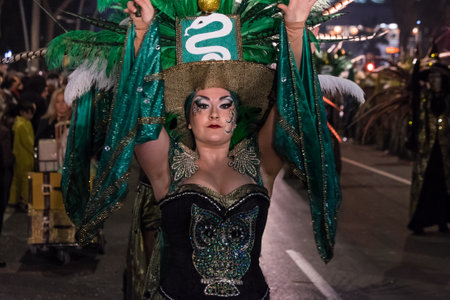 Tarragona, Spain - February 19, 2020: Participants in colorful and bright costumes take part in a carnival parade in Tarragona, one of the best carnivals in Spain.のeditorial素材