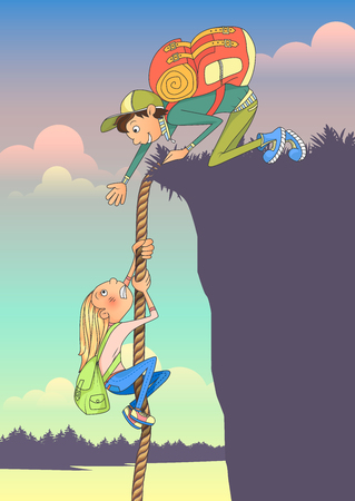 Tourists guy and girl helping each other hike up a mountain at sunrise. Woman climbs a rock on the rope, and a man extends her a helping hand.のイラスト素材
