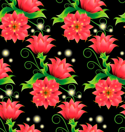 Seamless pattern with decorative magical red flowers, bright, green leaves, curls and sprouts on a black contrasting background. Over flower bud glow magical lights, fireflies, circles, radiant pointsの写真素材