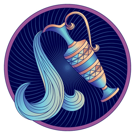 Aquarius zodiac sign, astrological, horoscope symbol. Futuristic icon. Stylized graphic blue amphora decorated with a geometric pattern. Water is poured from a jug with a handle. Vector illustration.のイラスト素材