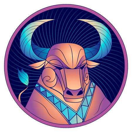 Taurus zodiac sign, astrological horoscope symbol. Futuristic style icon. Stylized graphic portrait of the stately ox. Proud bull with blue big twisted horns. Powerful mule looking to the side.のイラスト素材