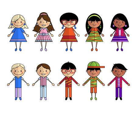 Funny cartoon people, boys and girls of different nationalities and ethnic groups in bright, colorful clothes on a white background. Brothers and sisters, twins. Drawn cardboard men and women.のイラスト素材