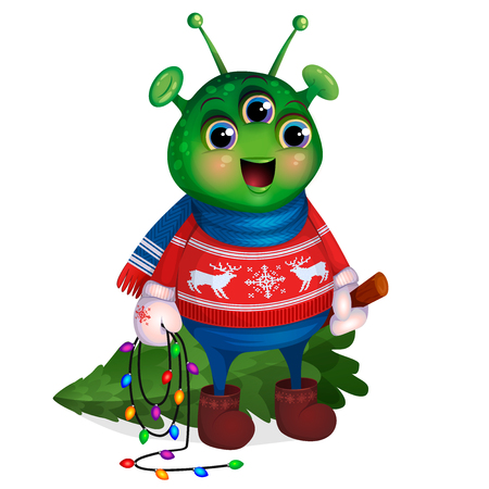 Funny green humanoid, illustration for the postcard Merry Christmas and Happy New Year. Cute Alien in red sweater with deer, mittens, scarf. Martian holds in hands felled Christmas tree, carries home.のイラスト素材