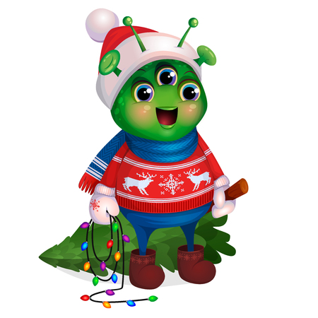 Funny green humanoid, illustration for the postcard Merry Christmas and Happy New Year. Cute Alien in red sweater with deer, mittens, scarf and hat, holds in hands felled Christmas tree, carries home.のイラスト素材