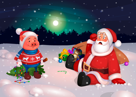 Ready creative and funny illustration for the postcard Merry Christmas and Happy New Year of pig. Santa Claus met an Piggy with a Christmas tree at night. Santa seeing a pig in surprise fell. Vector.のイラスト素材