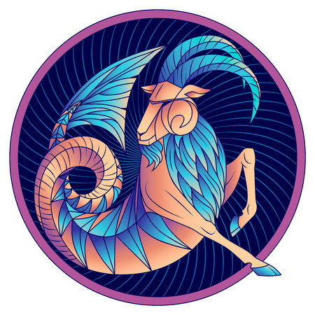 Capricorn zodiac sign, astrological, horoscope symbol. Futuristic style icon. Stylized graphic blue fantastic animal, deity of ancient Greece. Sea goat with fish tail, beard and big horns. Vector artのイラスト素材