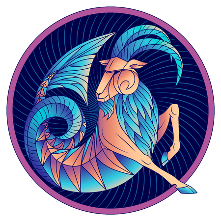 Capricorn zodiac sign, astrological, horoscope symbol. Futuristic style icon. Stylized graphic blue fantastic animal, deity of ancient Greece. Sea goat with fish tail, beard and big horns. Vector artのイラスト素材