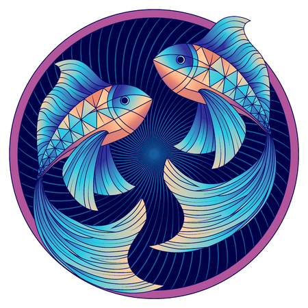 Pisces zodiac sign, astrological, horoscope symbol. Futuristic style icon. Stylized graphic blue two fish swimming in a circle. The body  is decorated with the geometric pattern. Vector illustration.のイラスト素材