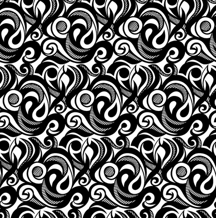 Seamless abstract floral pattern. Black and white arabesque ornament from ornate curly elements and yin and yang signs. Use as background for packaging, postcards, wallpaper, prints on fabric. Vector.のイラスト素材