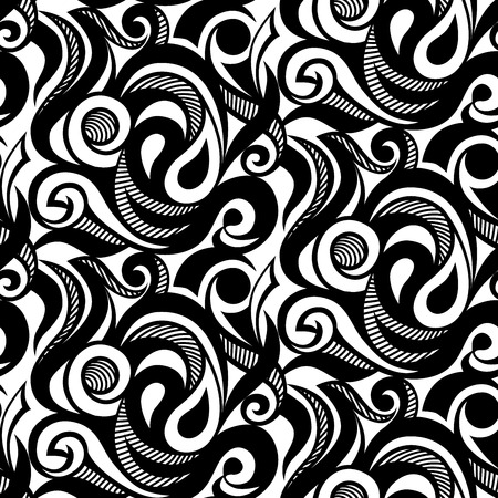 Seamless abstract floral pattern. Black and white arabesque ornament from ornate curly elements and yin and yang signs. Use as background for packaging, postcards, wallpaper, prints on fabric. Vector.のイラスト素材