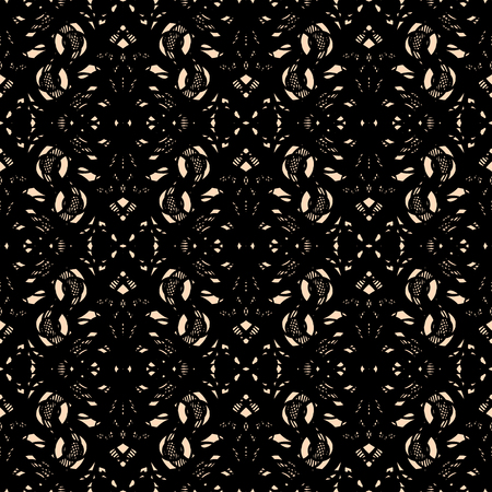 Seamless abstract openwork pattern, black lace on beige background. Guipure embroidered ornament of ornate curly elements. Vintage lacy tracery, elegant thick tulle texture. Crochet lace weave. Vectorのイラスト素材
