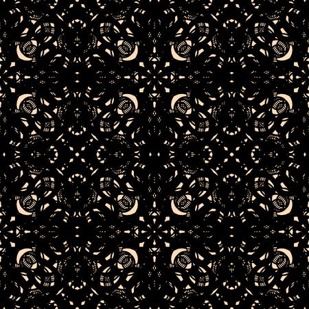 Seamless abstract openwork pattern, black lace on beige background. Guipure embroidered ornament of ornate curly elements. Vintage lacy tracery, elegant thick tulle texture. Crochet lace weave. Vectorのイラスト素材