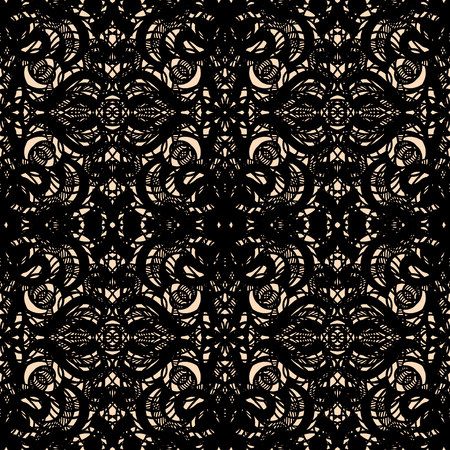 Seamless abstract openwork pattern, black lace on beige background. Guipure embroidered ornament of ornate curly elements. Vintage lacy tracery, elegant thick tulle texture. Gothic lace weave. Vector.のイラスト素材
