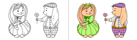 Hare boy confesses his love, gives flower, rabbit girl hesitates, shy. Bunny shyly holds his long ear in her hand and smiles. Girl in poofy green dress. Kids' coloring, contour drawing and colorized.のイラスト素材