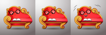 Living cartoon character. Smart red classic sofa, with golden curved handles and eyes, reads book. Funny cute couch with glasses propped up his face at his hand, various emotions while reading. Vectorのイラスト素材