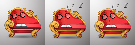 Living cartoon character. Smart red classic sofa, with golden curved handles and eyes, reads book, smiling. Funny cute couch with glasses propped up his face at his hand, asleep while reading. Vector.のイラスト素材