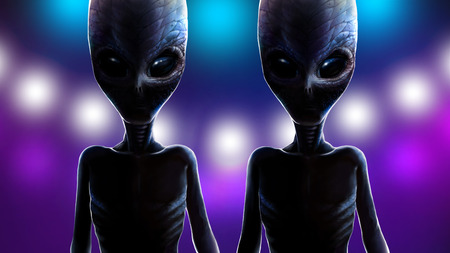 Two frightening alien twins with big eyes and scaly reptilians skin. At night martians on background of lights from spaceship. Realistic portrait reptiloids, dramatic lighting. 2d digital illustrationの写真素材
