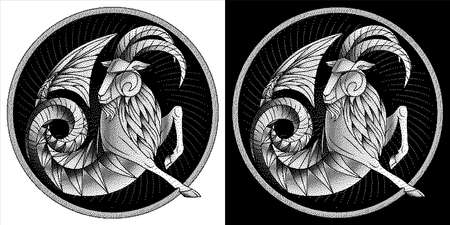 Capricorn zodiac sign, monochrome horoscope, vector. Black white illustration astrological symbol. Pixel style icon. Stylized graphic fantastic animal, deity. Sea goat, fish tail, beard and big horns.のイラスト素材