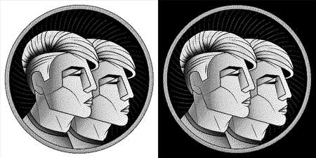 Gemini zodiac sign, monochrome horoscope symbol. Pixel style astrological icon. Stylized black white graphic portrait twins, young guys from future with stylish modern hairstyle undercut hair. Vector.のイラスト素材